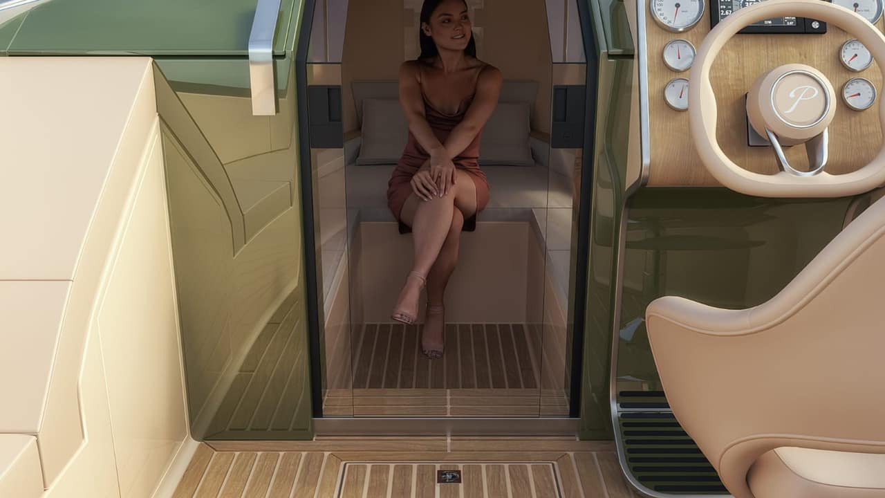 Privé 4.0 Electric on a calm alpine lake at dawn, light mist over the water